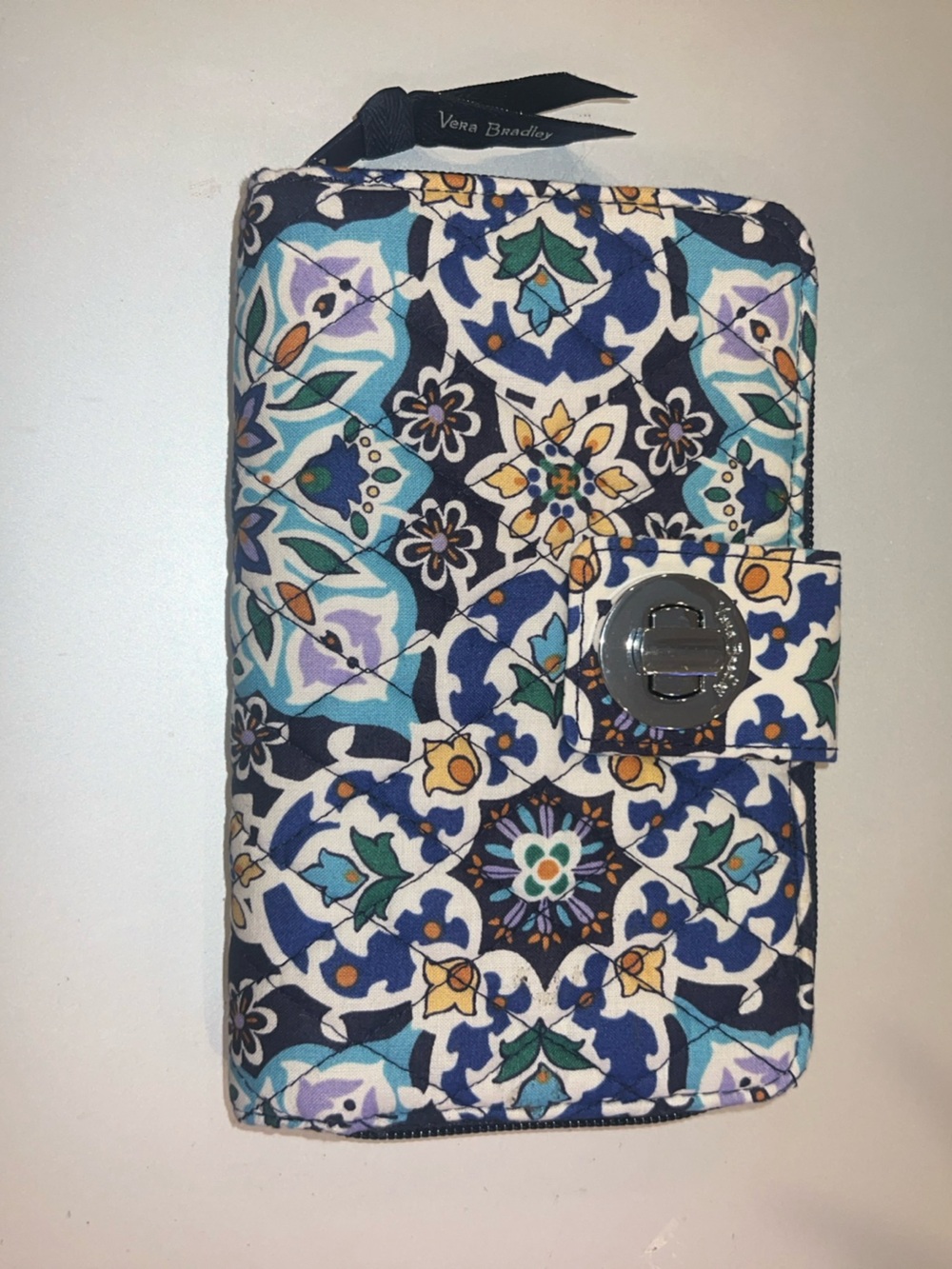 Vera Bradley Navy Floral Quilted Zip-Around Wallet with Teal & Lavender Accents